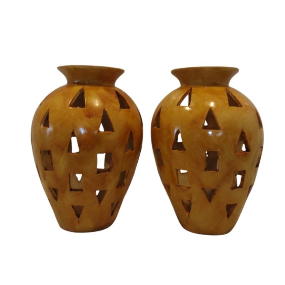 Pair‎ Decorative Perforated Shapes Vase Antique Yellow Resin Oval Shape